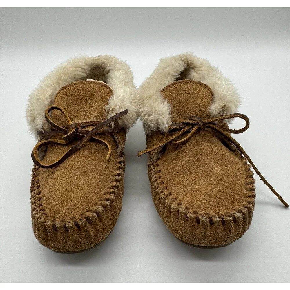 MINNETONKA Moccasin Boys Girls 3 Charley Bootie Tan Suede Slippers Shoes